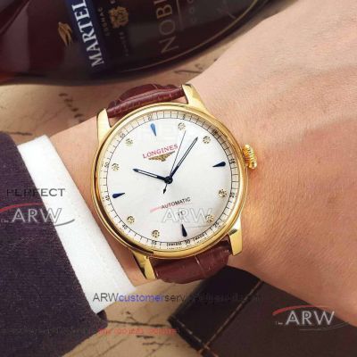 Perfect Replica Longines White Face Diamond Markers All Gold Bezel 40mm Men's Watch